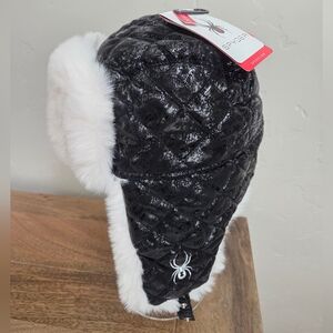 Spyder Women's Quilted Black and White Faux Fur Trapper Style Winter Hat